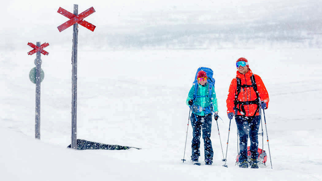 Två skidåkare i snöfall.