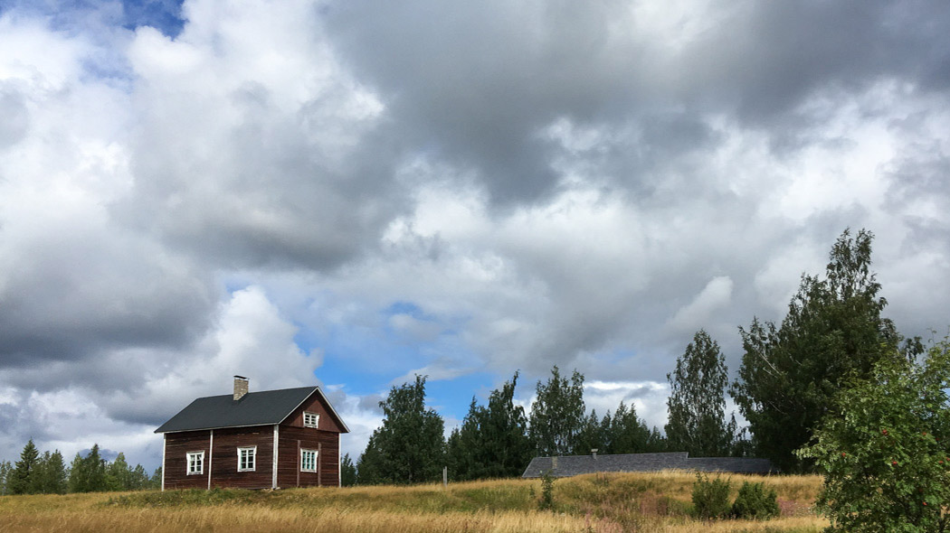 Två gårdsbyggnader i ett somrigt fotografi. En höäng omgiven av skog växer i förgrunden.