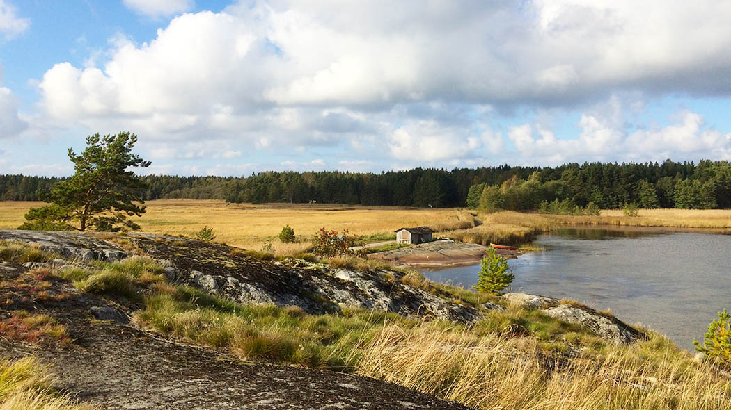 I förgrunden berg. Bakom berget vattenområde, vid stranden en liten stuga. I bakgrunden äng och skog.